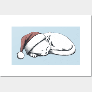 sleeping cat in santa hat Posters and Art